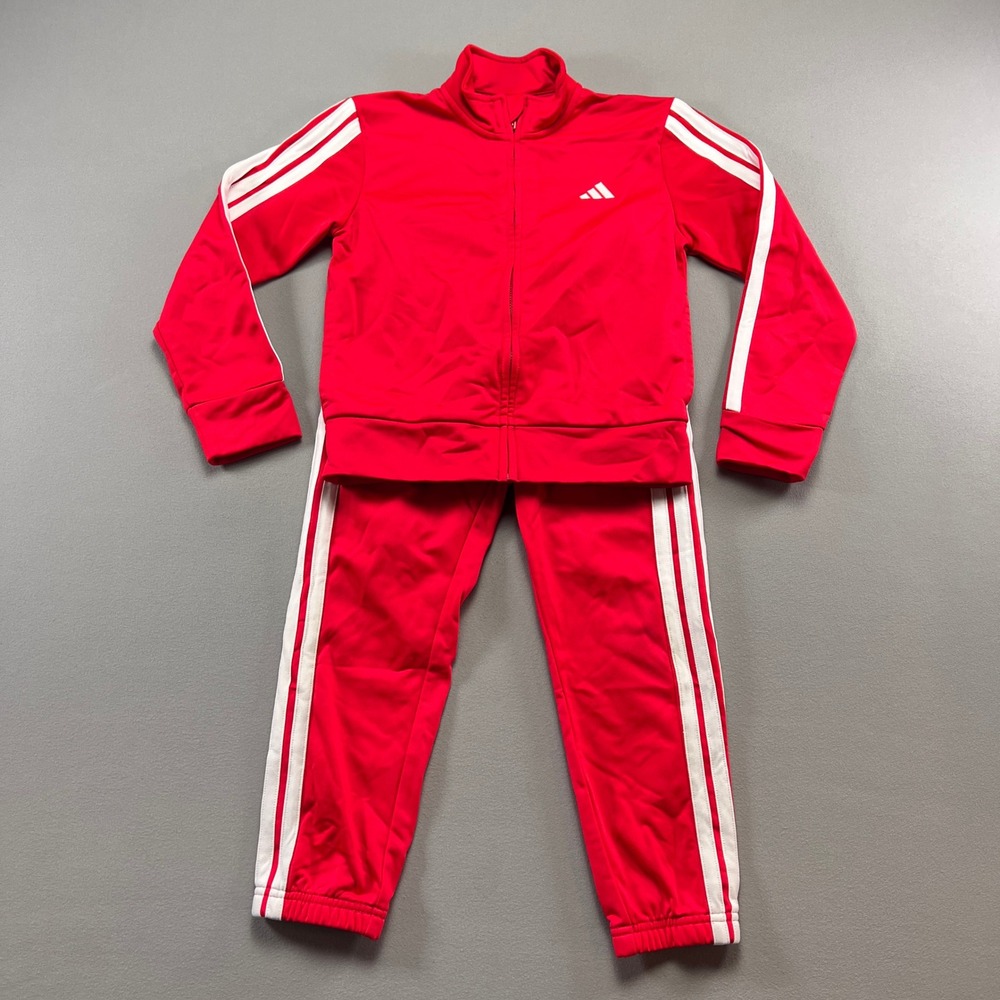 Adidas Tricot Track Suit Set Boys 6 Red White 3 Striped Full Zip Mock Neck Taper
